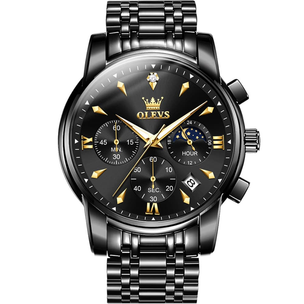 OLEVS 3639 Chronograph Moon Phase Quartz Watch for Men - All Black Watch | Olevs Watch Store