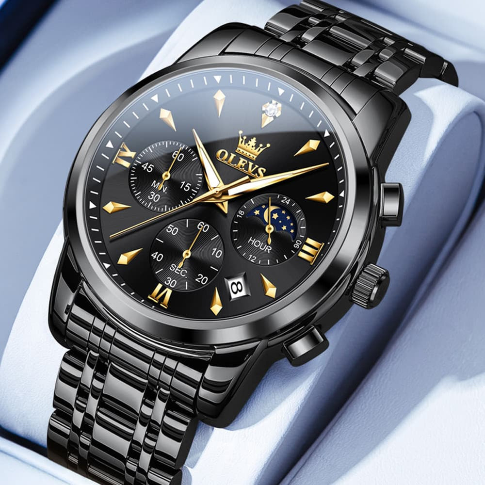 OLEVS 3639 Chronograph Moon Phase Quartz Watch for Men - All Black Watch | Olevs Watch Store
