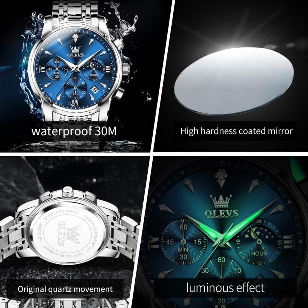 OLEVS 3639 Chronograph Moon Phase Quartz Watch for Men - All Black Watch | Olevs Watch Store