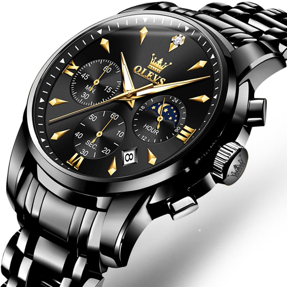 OLEVS 3639 Chronograph Moon Phase Quartz Watch for Men - All Black Watch | Olevs Watch Store