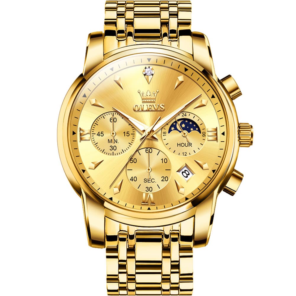 OLEVS 3639 Chronograph Moon Phase Quartz Watch for Men - All Gold Watch | Olevs Watch Store