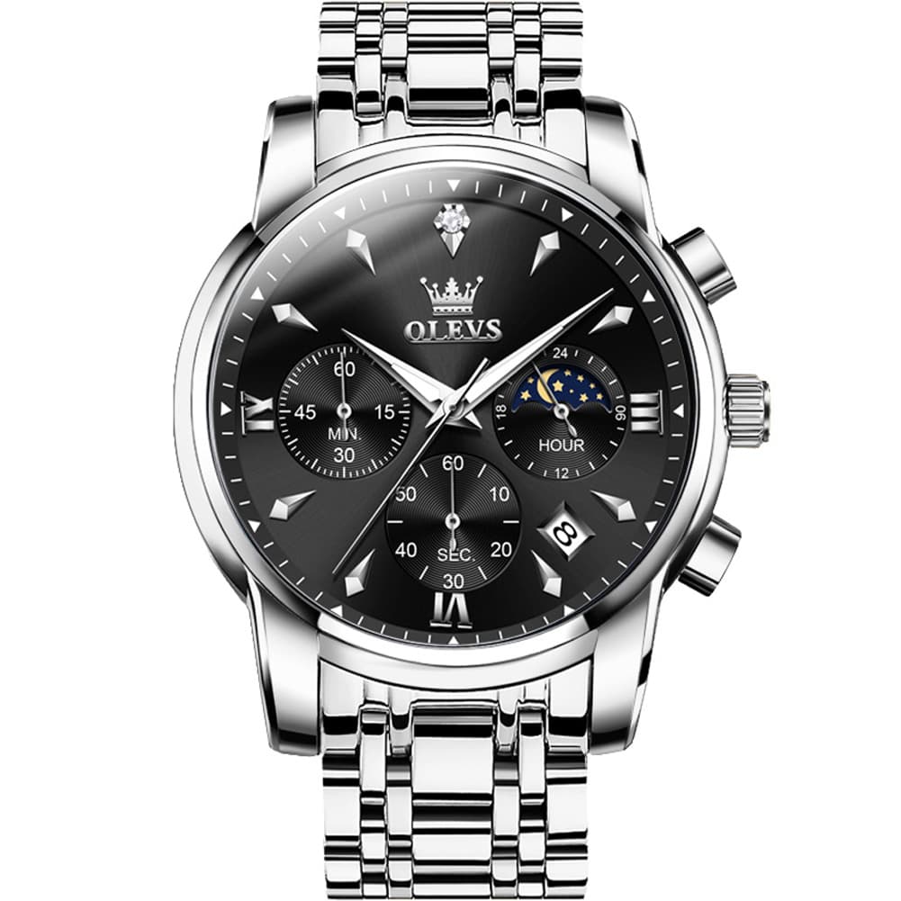 OLEVS 3639 Chronograph Moon Phase Quartz Watch for Men - Silver Black Watch | Olevs Watch Store