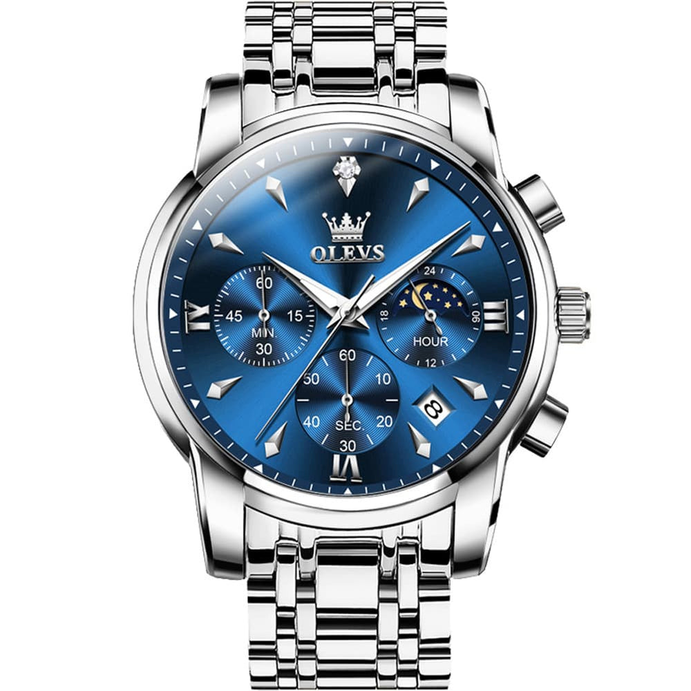 OLEVS 3639 Chronograph Moon Phase Quartz Watch for Men - Silver Blue Watch | Olevs Watch Store