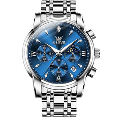 OLEVS 3639 Chronograph Moon Phase Quartz Watch for Men - Silver Blue Watch | Olevs Watch Store
