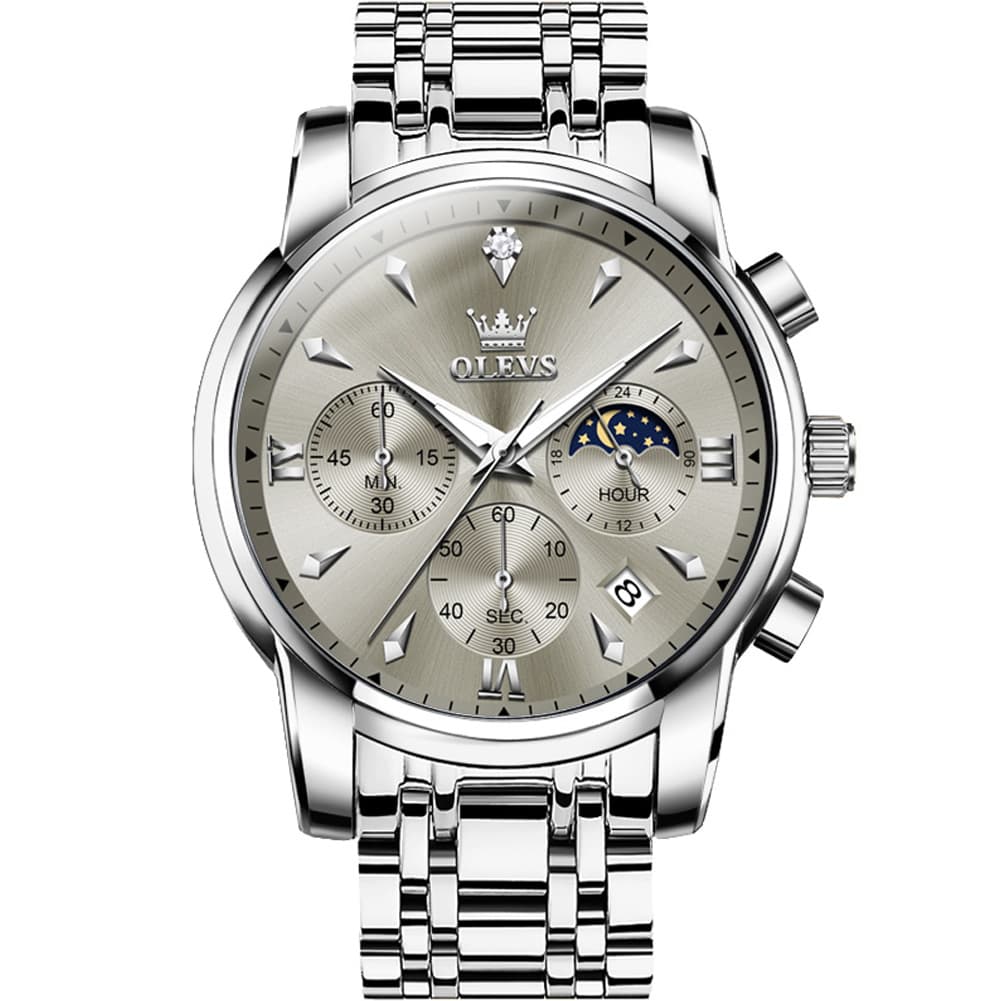 OLEVS 3639 Chronograph Moon Phase Quartz Watch for Men - Silver Grey Watch | Olevs Watch Store