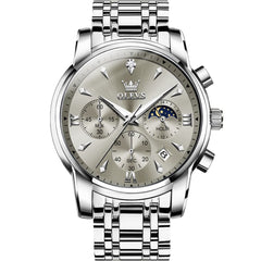OLEVS 3639 Chronograph Moon Phase Quartz Watch for Men - Silver Grey Watch | Olevs Watch Store