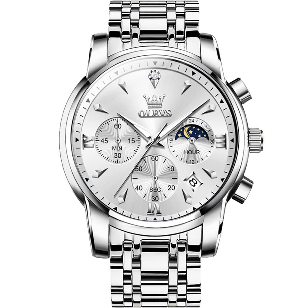 OLEVS 3639 Chronograph Moon Phase Quartz Watch for Men - Silver White Watch | Olevs Watch Store