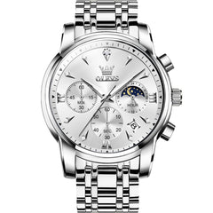 OLEVS 3639 Chronograph Moon Phase Quartz Watch for Men - Silver White Watch | Olevs Watch Store