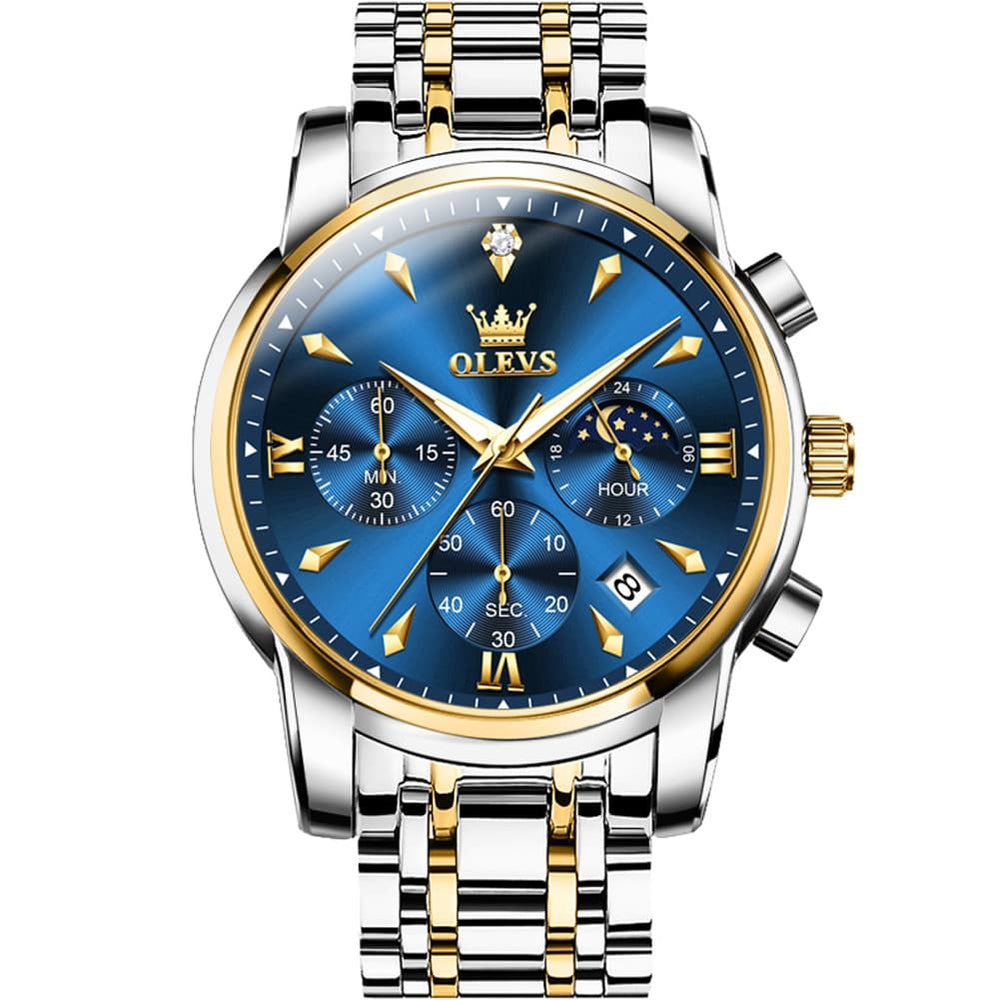 OLEVS 3639 Chronograph Moon Phase Quartz Watch for Men - Two Tone Blue Watch | Olevs Watch Store