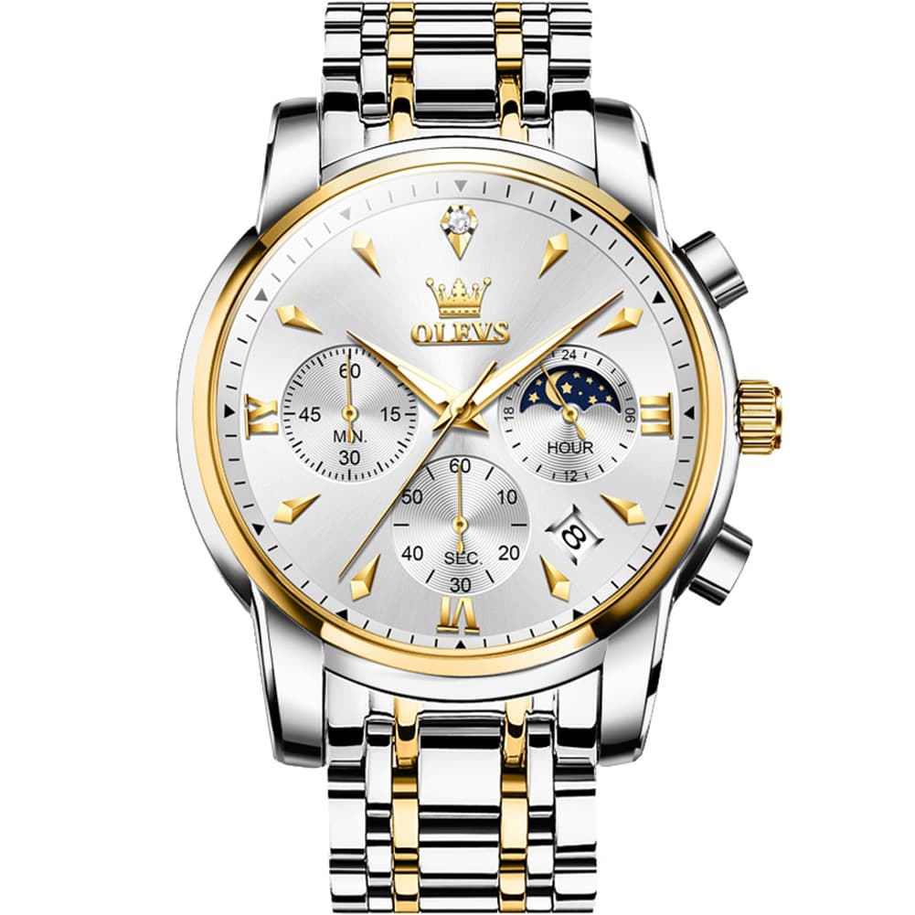 OLEVS 3639 Chronograph Moon Phase Quartz Watch for Men - Two Tone White Watch | Olevs Watch Store