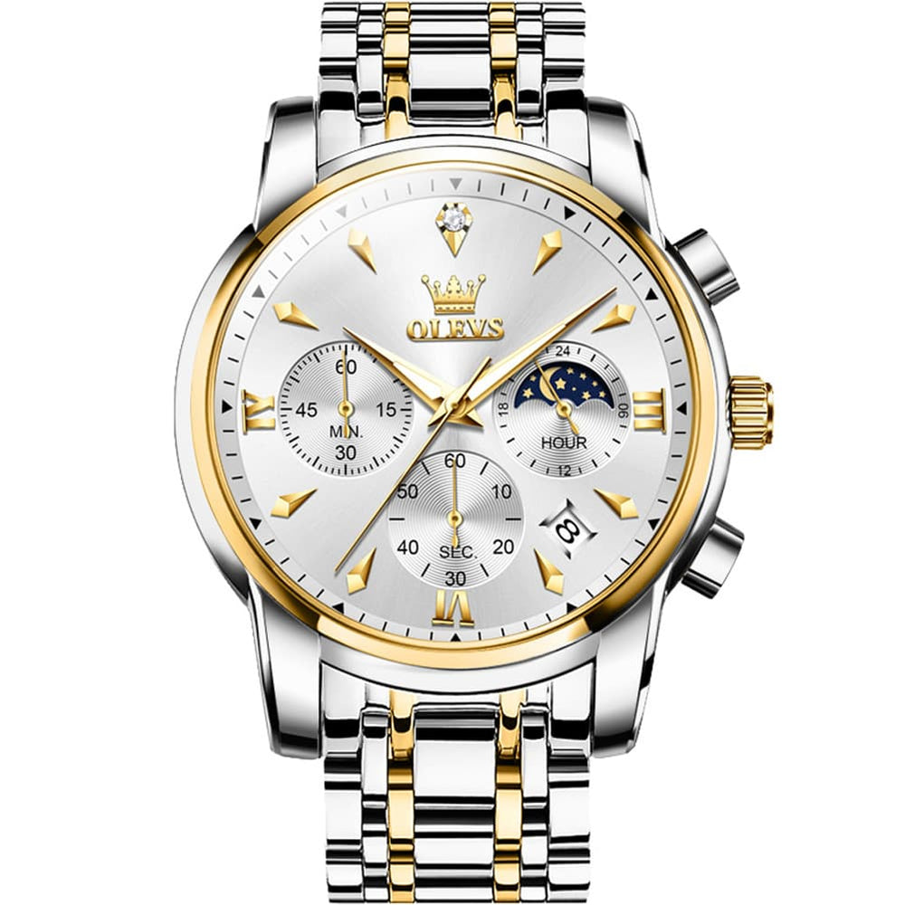 OLEVS 3639 Chronograph Moon Phase Quartz Watch for Men - Two Tone White Watch | Olevs Watch Store