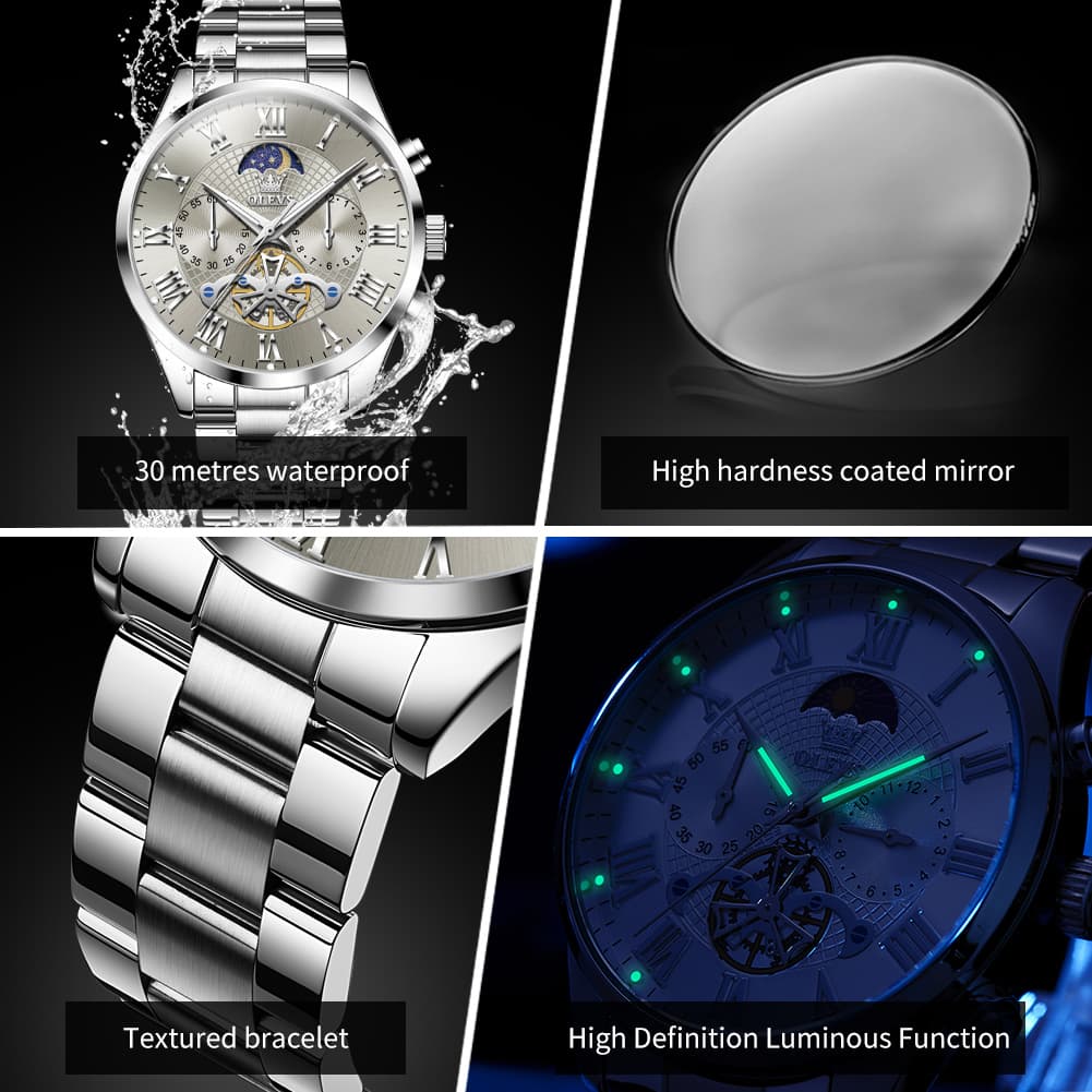 OLEVS 3640 Open-Heart Moon Phase Quartz Watch for Men - All Black Watch | Olevs Watch Store