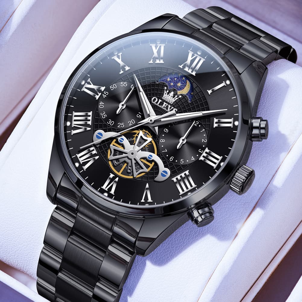 OLEVS 3640 Open-Heart Moon Phase Quartz Watch for Men - All Black Watch | Olevs Watch Store