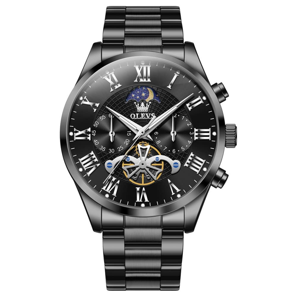 OLEVS 3640 Open-Heart Moon Phase Quartz Watch for Men - All Black Watch | Olevs Watch Store