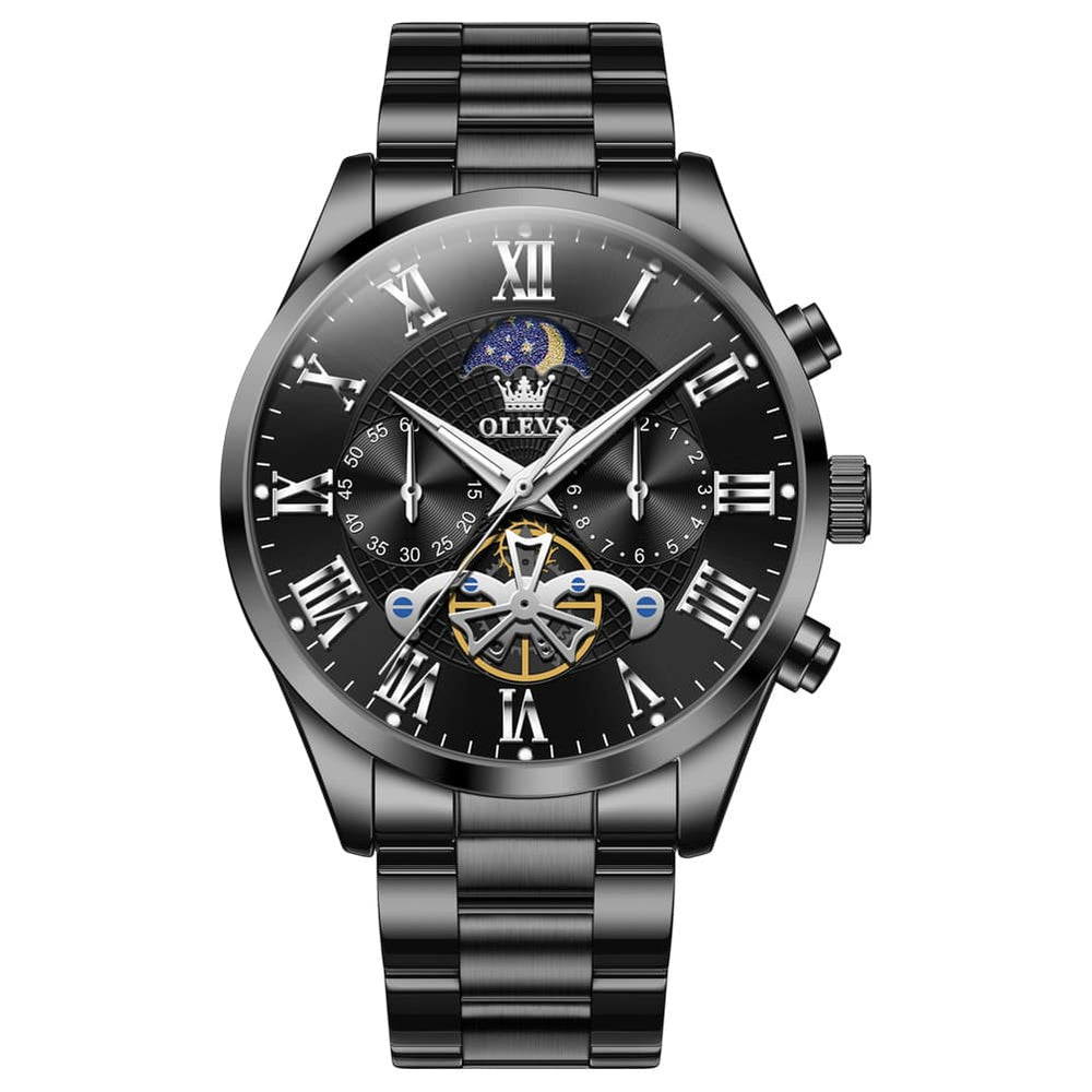 OLEVS 3640 Open-Heart Moon Phase Quartz Watch for Men - All Black Watch | Olevs Watch Store