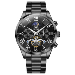 OLEVS 3640 Open-Heart Moon Phase Quartz Watch for Men - All Black Watch | Olevs Watch Store