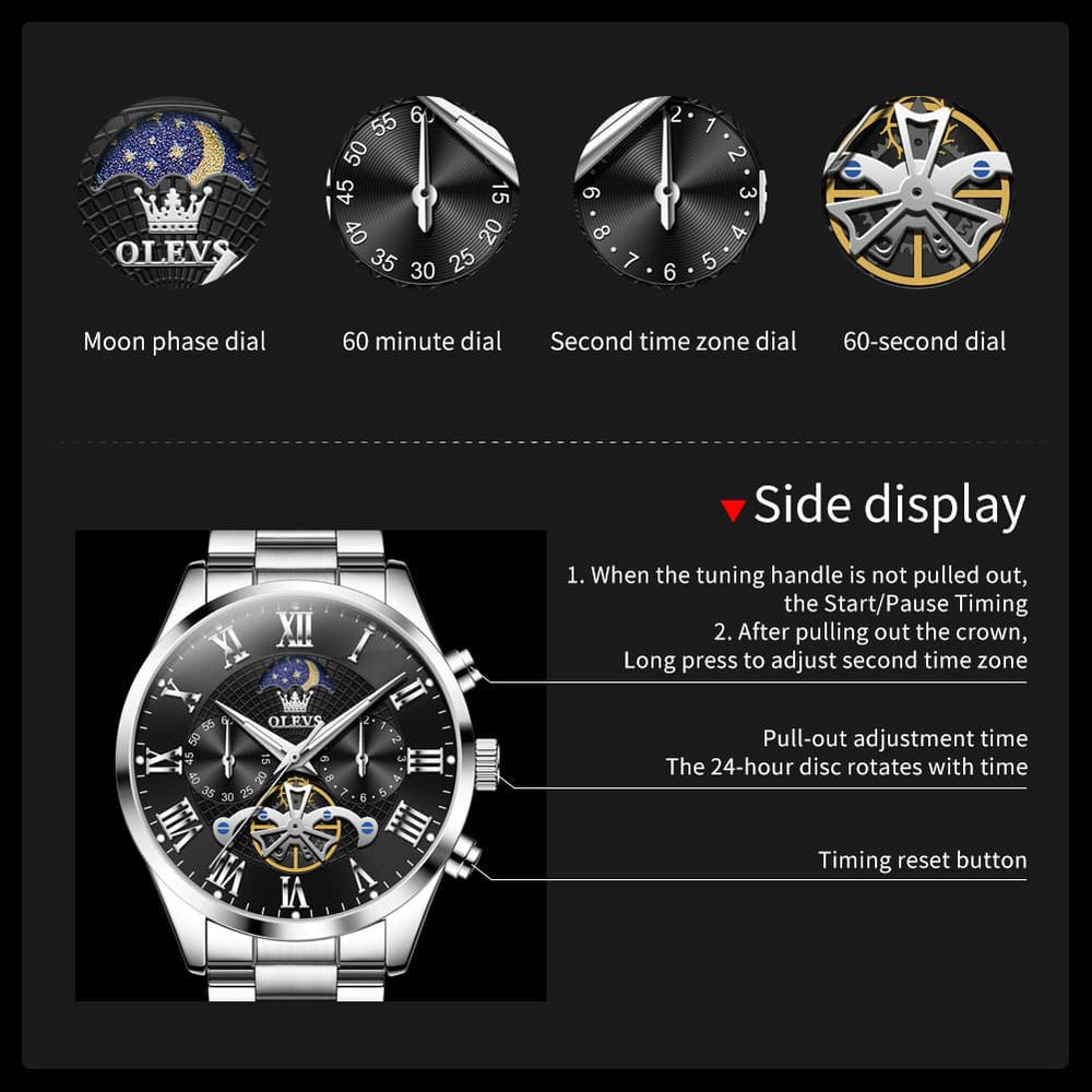 OLEVS 3640 Open-Heart Moon Phase Quartz Watch for Men - All Black Watch | Olevs Watch Store