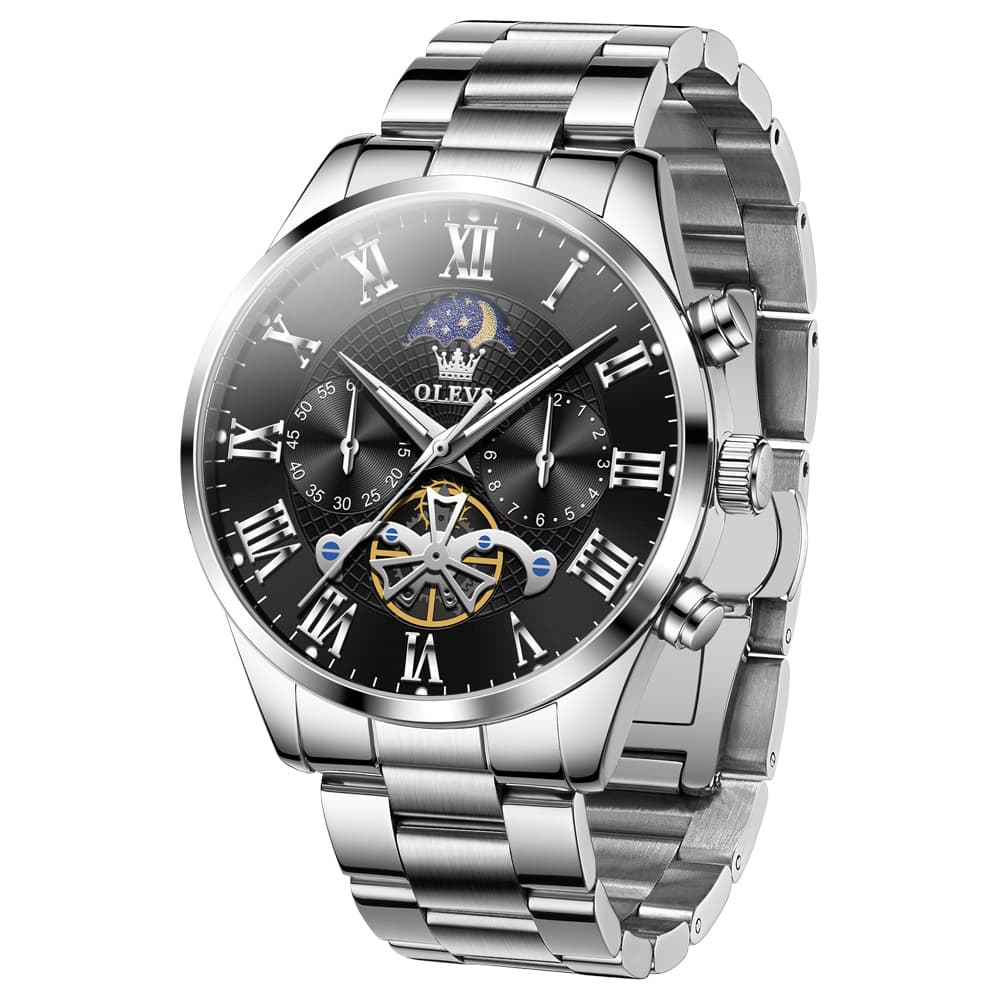 OLEVS 3640 Open-Heart Moon Phase Quartz Watch for Men - All Black Watch | Olevs Watch Store