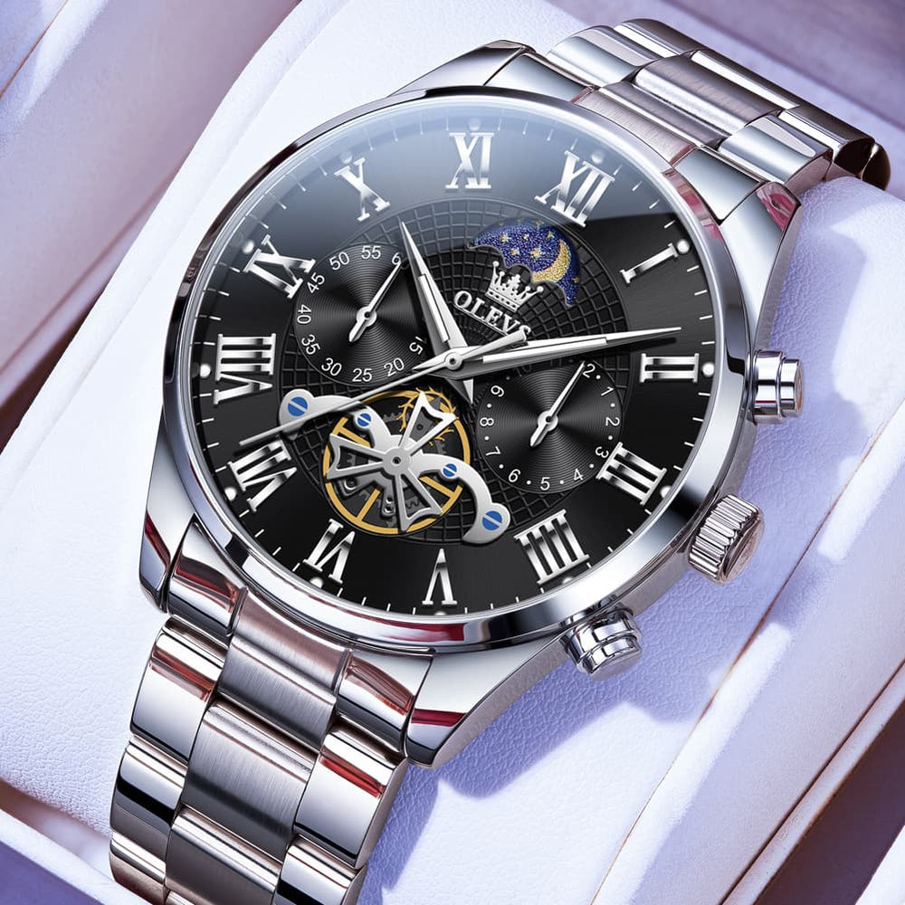 OLEVS 3640 Open-Heart Moon Phase Quartz Watch for Men - All Black Watch | Olevs Watch Store