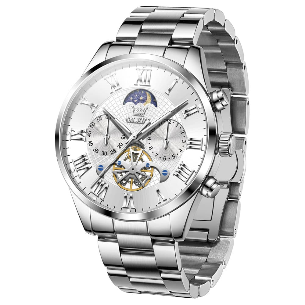 OLEVS 3640 Open-Heart Moon Phase Quartz Watch for Men - All Black Watch | Olevs Watch Store