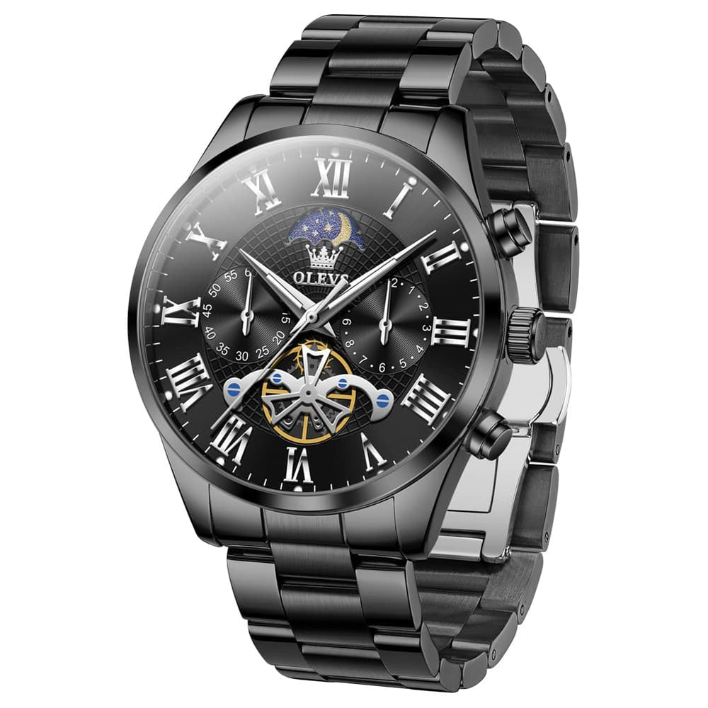 OLEVS 3640 Open-Heart Moon Phase Quartz Watch for Men - All Black Watch | Olevs Watch Store