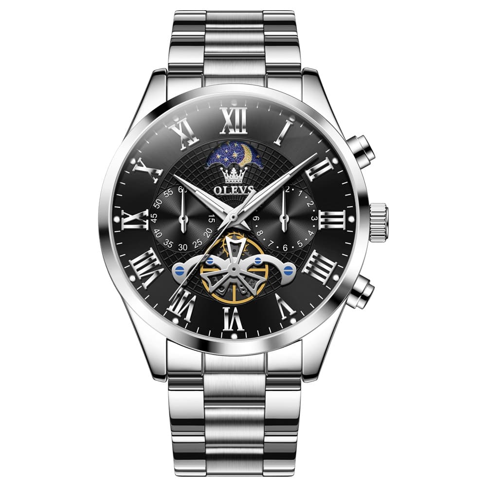 OLEVS 3640 Open-Heart Moon Phase Quartz Watch for Men - Silver Black Watch | Olevs Watch Store