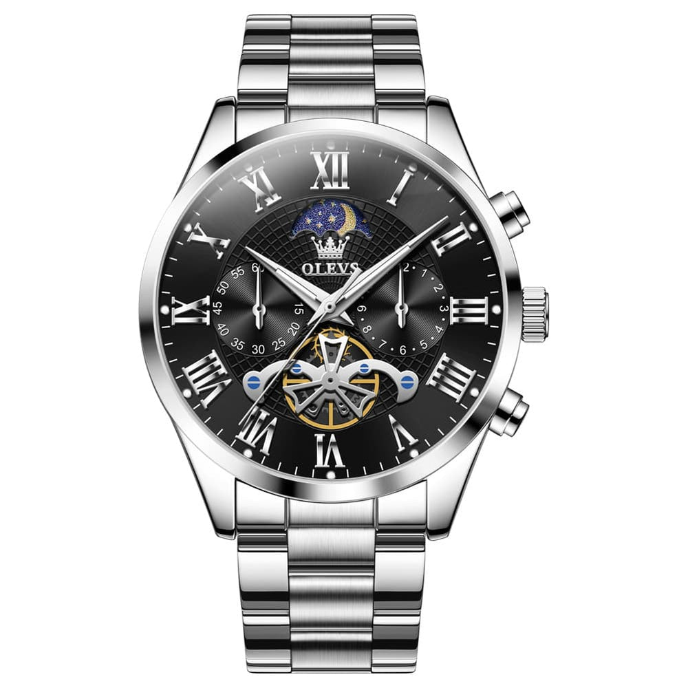 OLEVS 3640 Open-Heart Moon Phase Quartz Watch for Men - Silver Black Watch | Olevs Watch Store