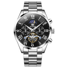 OLEVS 3640 Open-Heart Moon Phase Quartz Watch for Men - Silver Black Watch | Olevs Watch Store