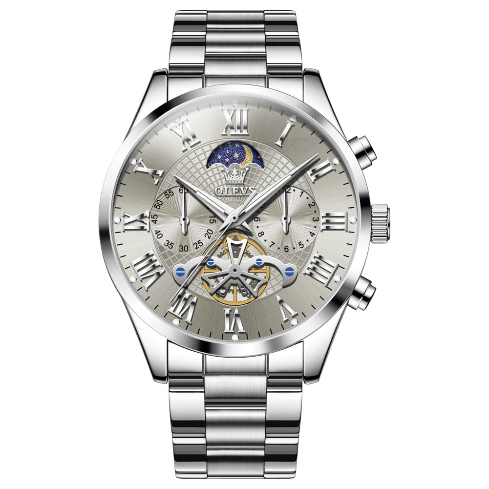 OLEVS 3640 Open-Heart Moon Phase Quartz Watch for Men - Silver Grey Watch | Olevs Watch Store