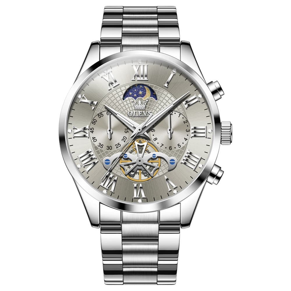OLEVS 3640 Open-Heart Moon Phase Quartz Watch for Men - Silver Grey Watch | Olevs Watch Store