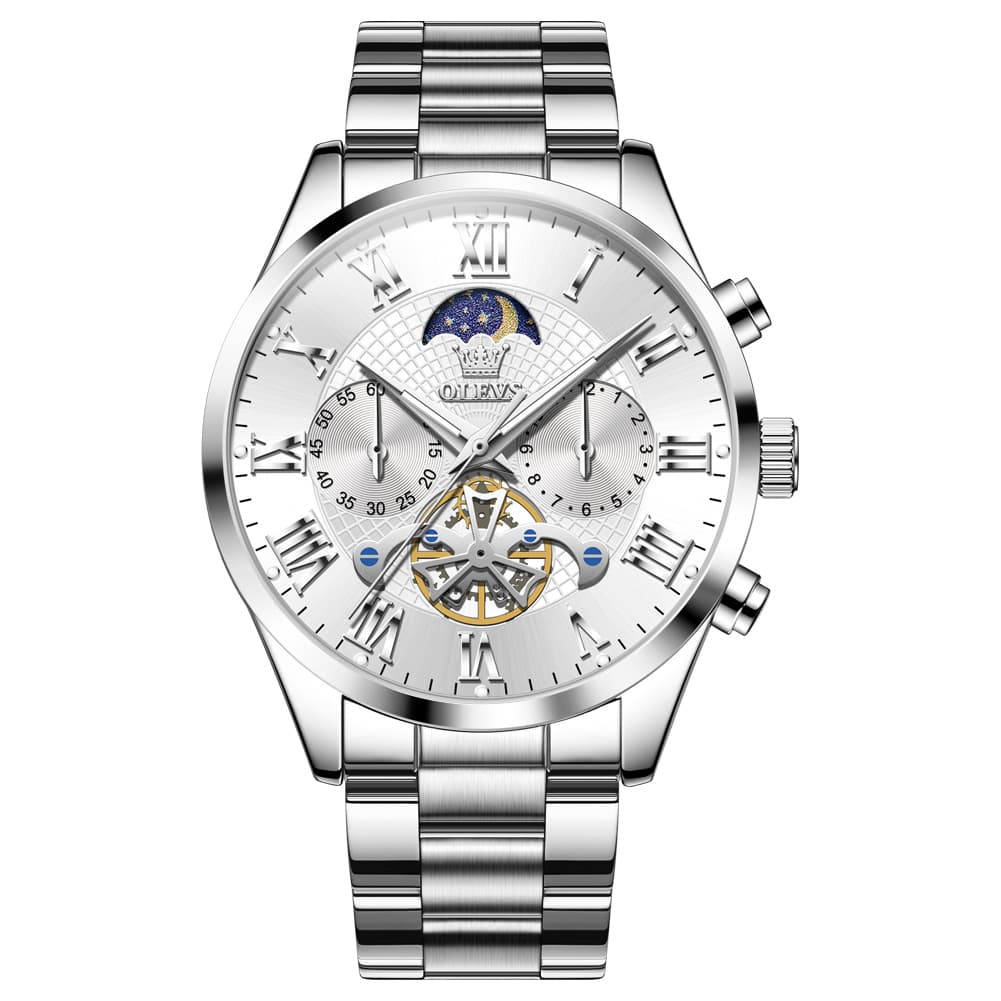 OLEVS 3640 Open-Heart Moon Phase Quartz Watch for Men - Silver White Watch | Olevs Watch Store