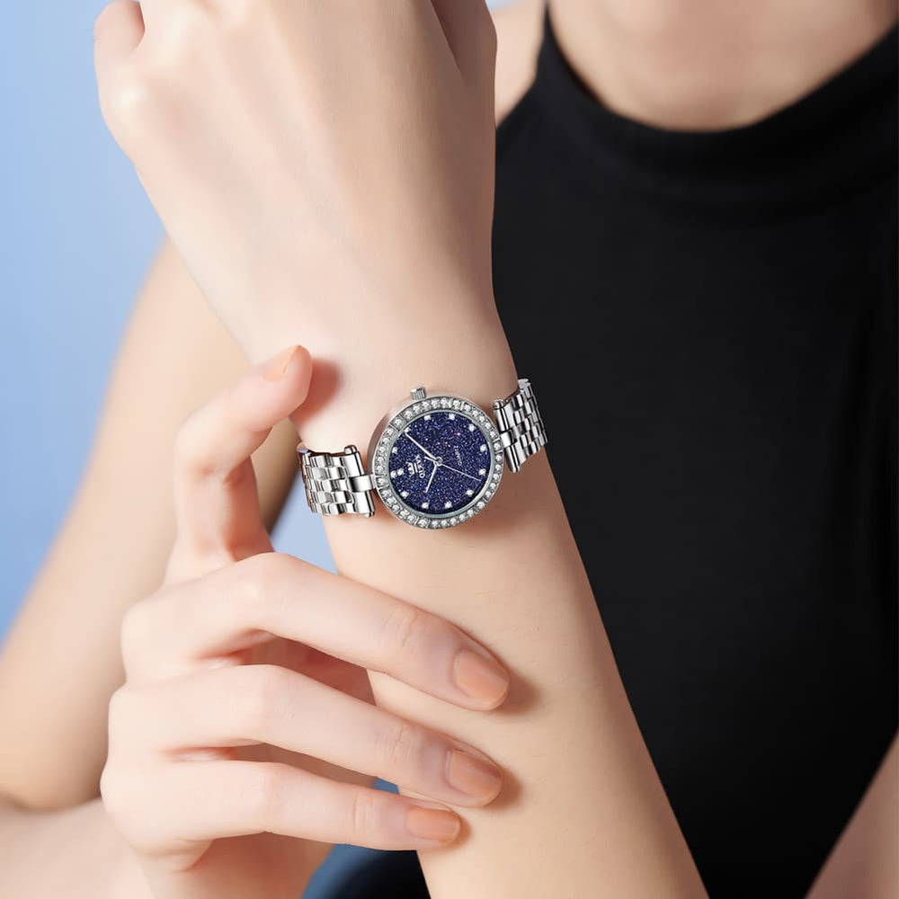 OLEVS 3641 Starry Sky Diamond Quartz Watch for Women - Silver Blue Watch | Olevs Watch Store