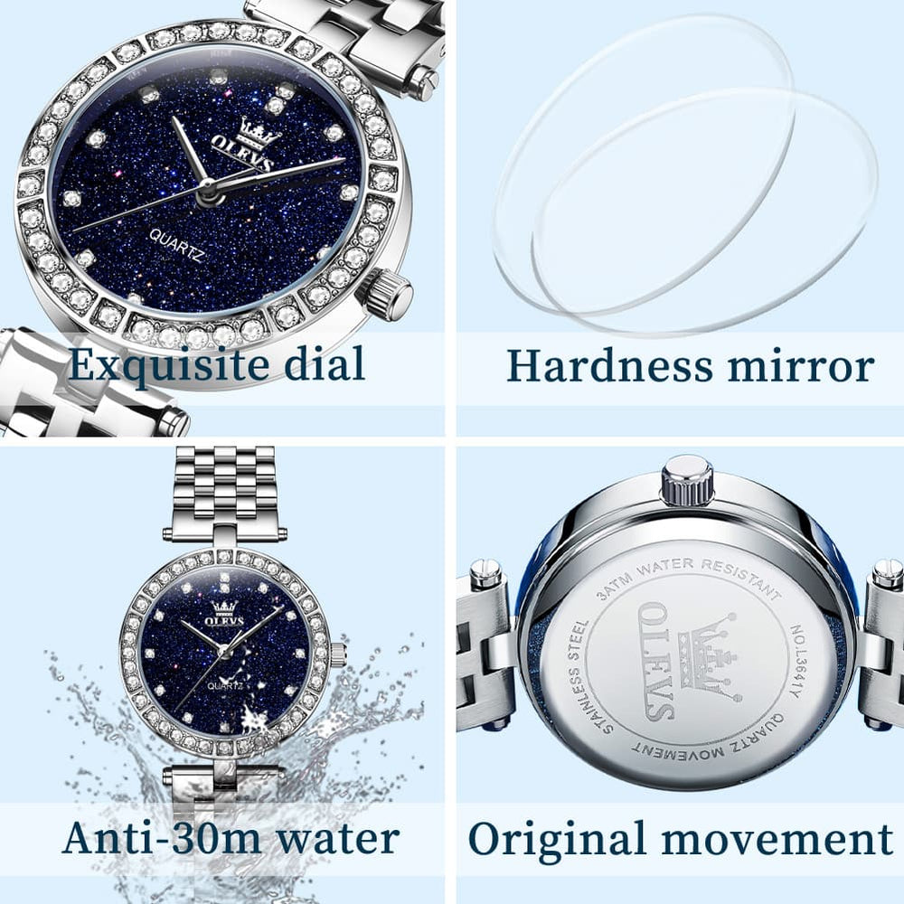 OLEVS 3641 Starry Sky Diamond Quartz Watch for Women - Silver Blue Watch | Olevs Watch Store