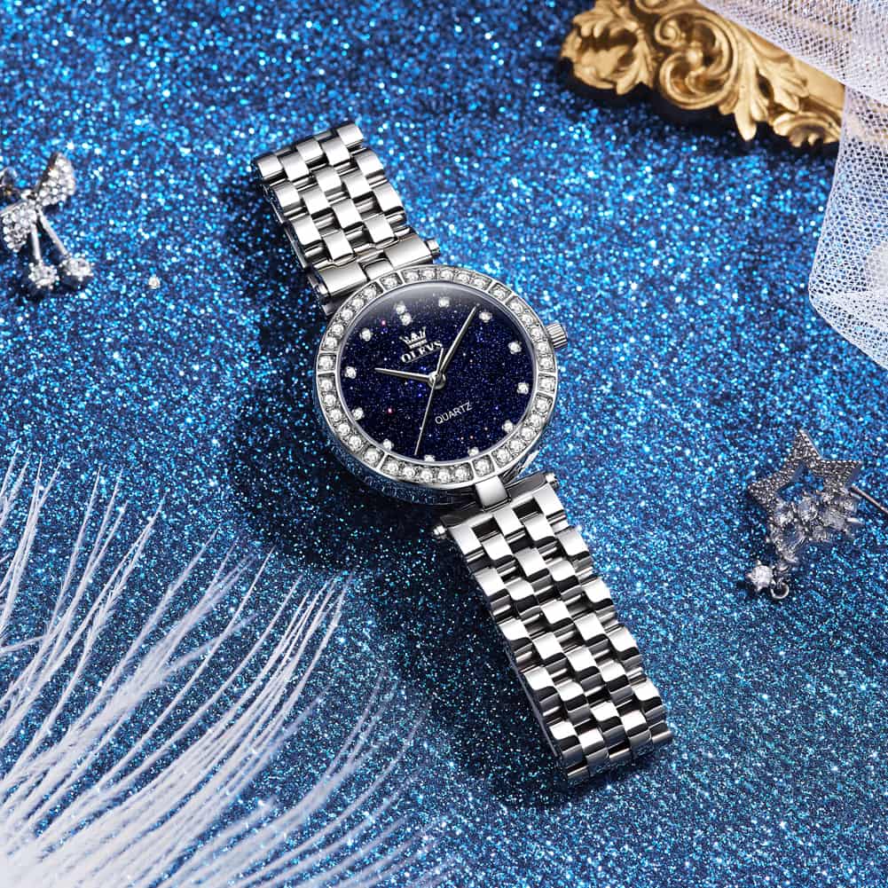 OLEVS 3641 Starry Sky Diamond Quartz Watch for Women - Silver Blue Watch | Olevs Watch Store
