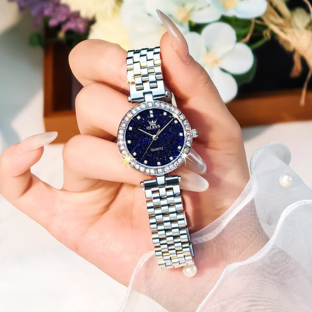 OLEVS 3641 Starry Sky Diamond Quartz Watch for Women - Silver Blue Watch | Olevs Watch Store
