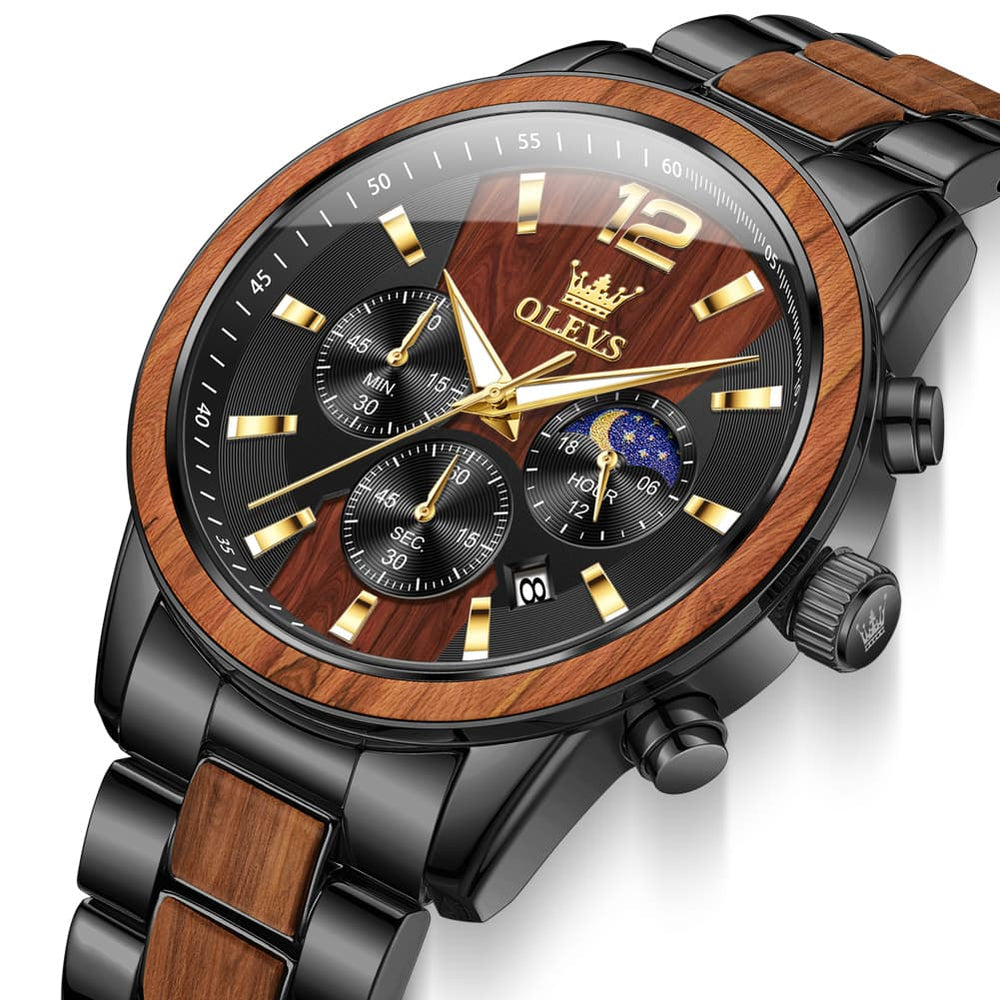 OLEVS 3645 Solid Wood & Steel Chronograph Quartz Watch for Men - Red Sandal Wood Watch | Olevs Watch Store