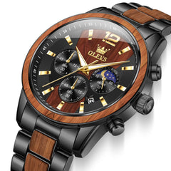 OLEVS 3645 Solid Wood & Steel Chronograph Quartz Watch for Men - Red Sandal Wood Watch | Olevs Watch Store