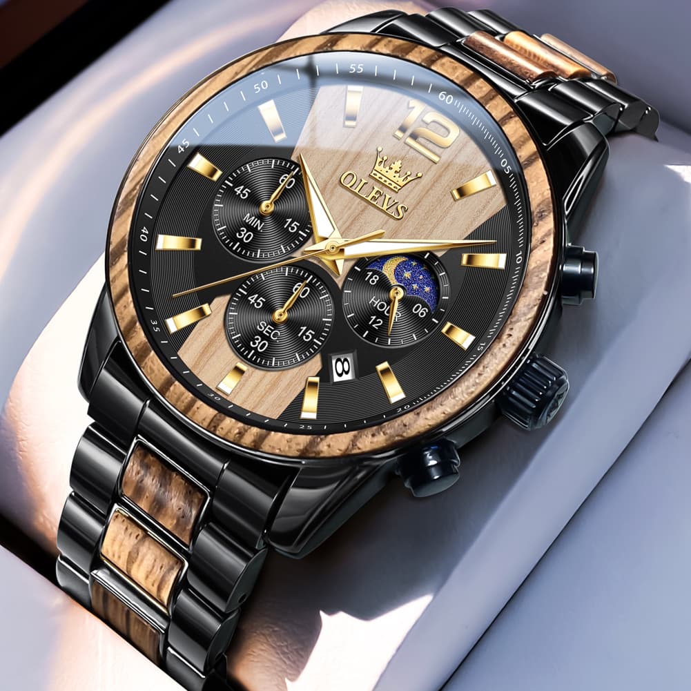 OLEVS 3645 Solid Wood & Steel Chronograph Quartz Watch for Men - Zebra Wood Watch | Olevs Watch Store