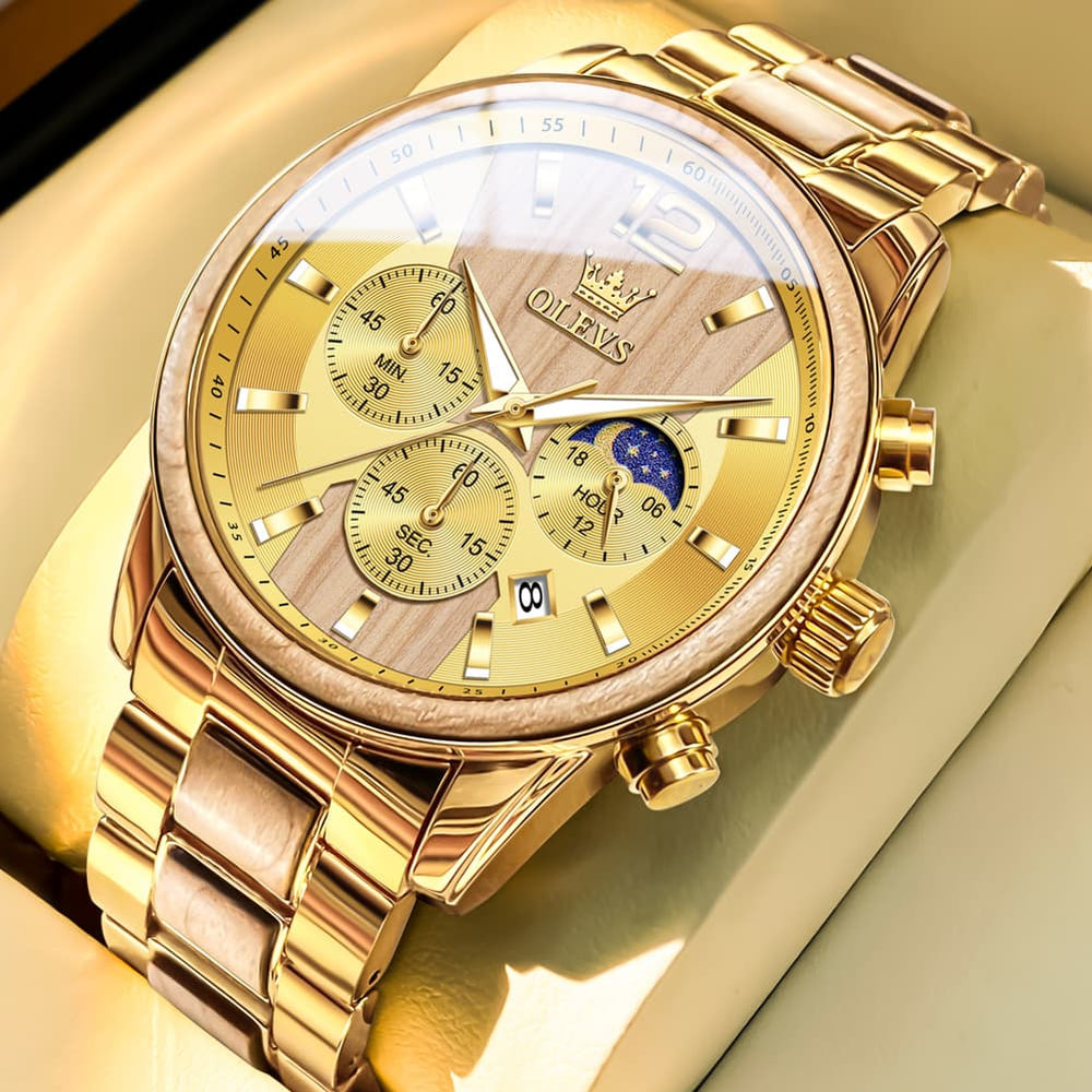 OLEVS 3645 Solid Wood & Steel Chronograph Quartz Watch for Men - Zebra Wood Watch | Olevs Watch Store