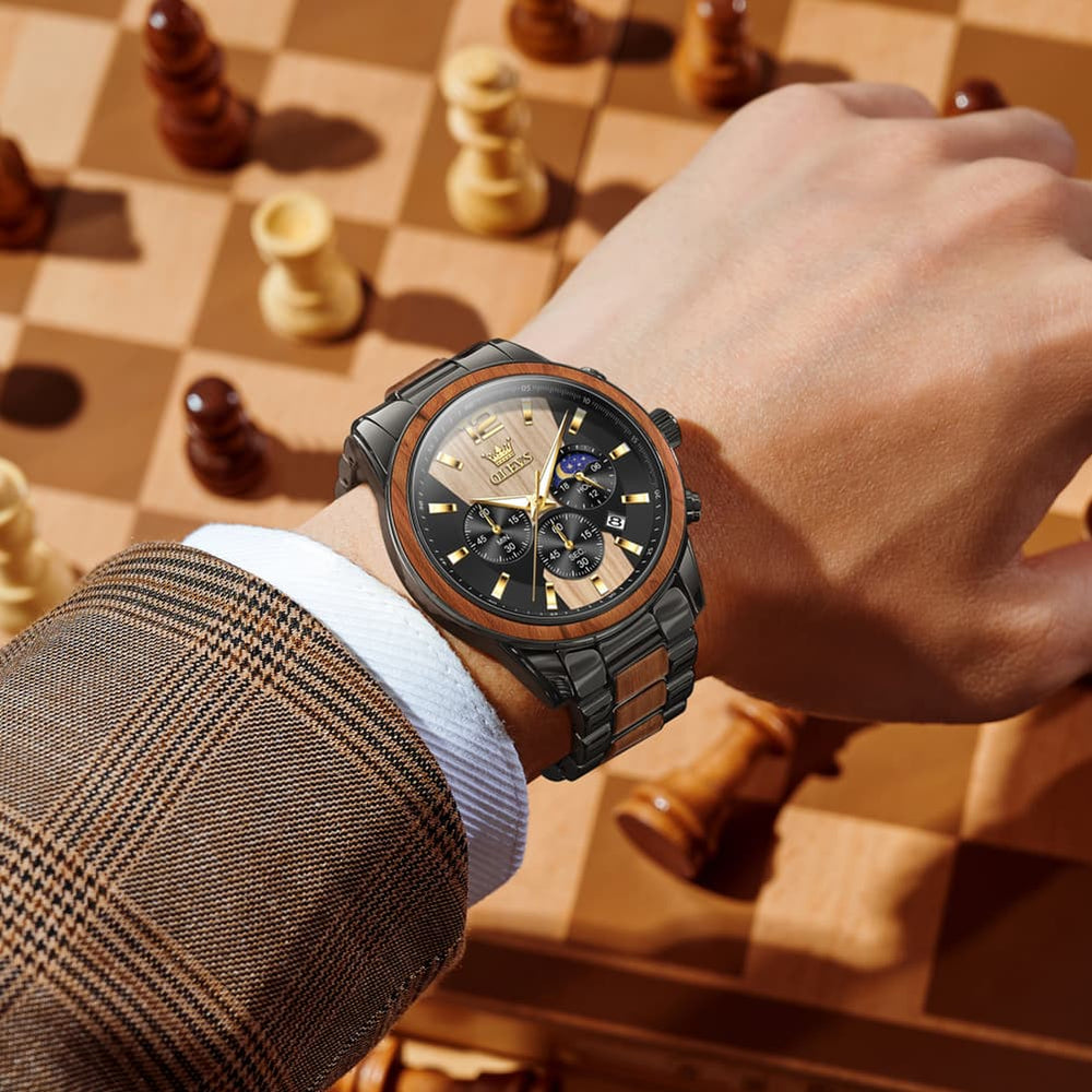 OLEVS 3645 Solid Wood & Steel Chronograph Quartz Watch for Men - Zebra Wood Watch | Olevs Watch Store