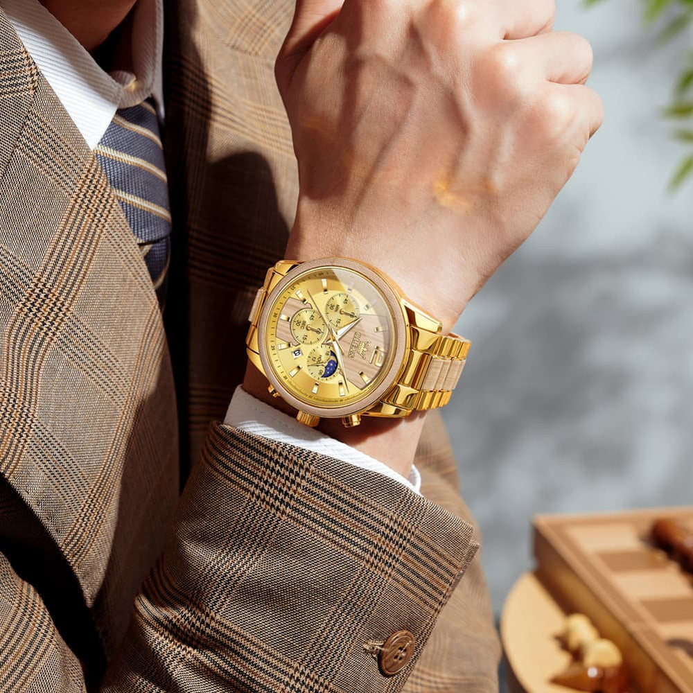 OLEVS 3645 Solid Wood & Steel Chronograph Quartz Watch for Men - Zebra Wood Watch | Olevs Watch Store