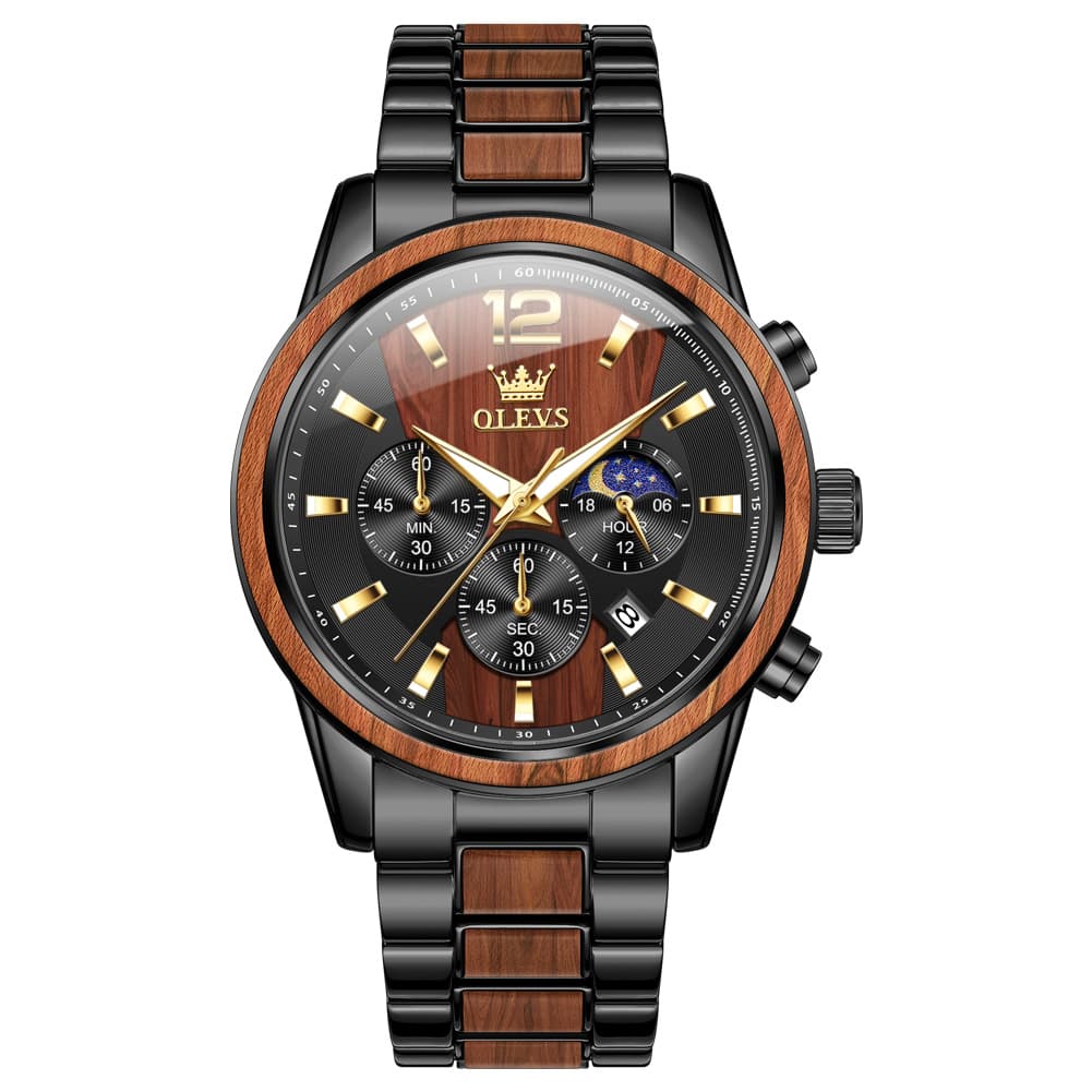 OLEVS 3645 Solid Wood & Steel Chronograph Quartz Watch for Men - Zebra Wood Watch | Olevs Watch Store
