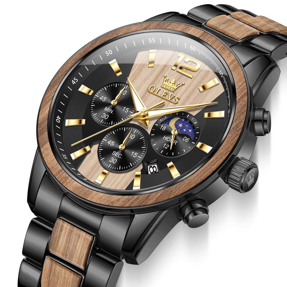 OLEVS 3645 Solid Wood & Steel Chronograph Quartz Watch for Men - Zebra Wood Watch | Olevs Watch Store