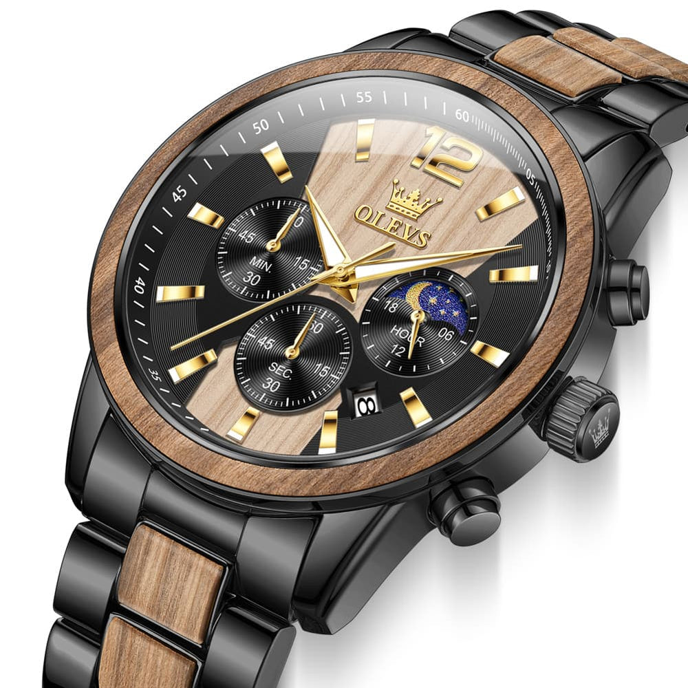 OLEVS 3645 Solid Wood & Steel Chronograph Quartz Watch for Men - Zebra Wood Watch | Olevs Watch Store
