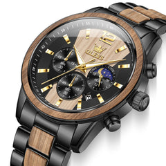 OLEVS 3645 Solid Wood & Steel Chronograph Quartz Watch for Men - Zebra Wood Watch | Olevs Watch Store