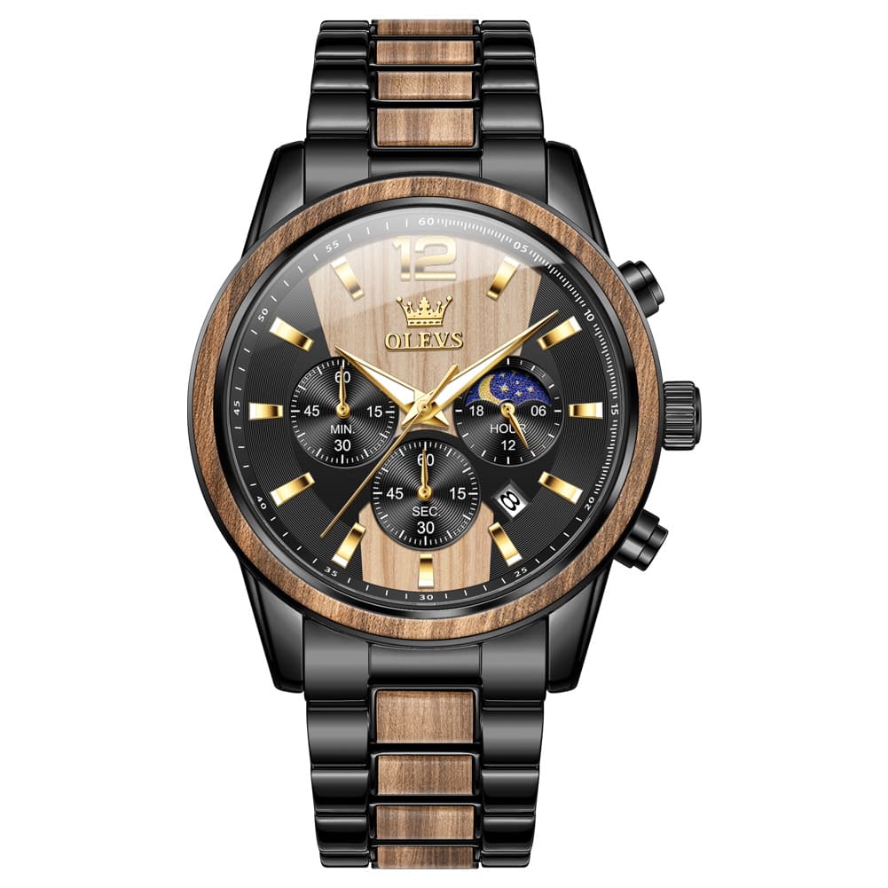 OLEVS 3645 Solid Wood & Steel Chronograph Quartz Watch for Men - Zebra Wood Watch | Olevs Watch Store