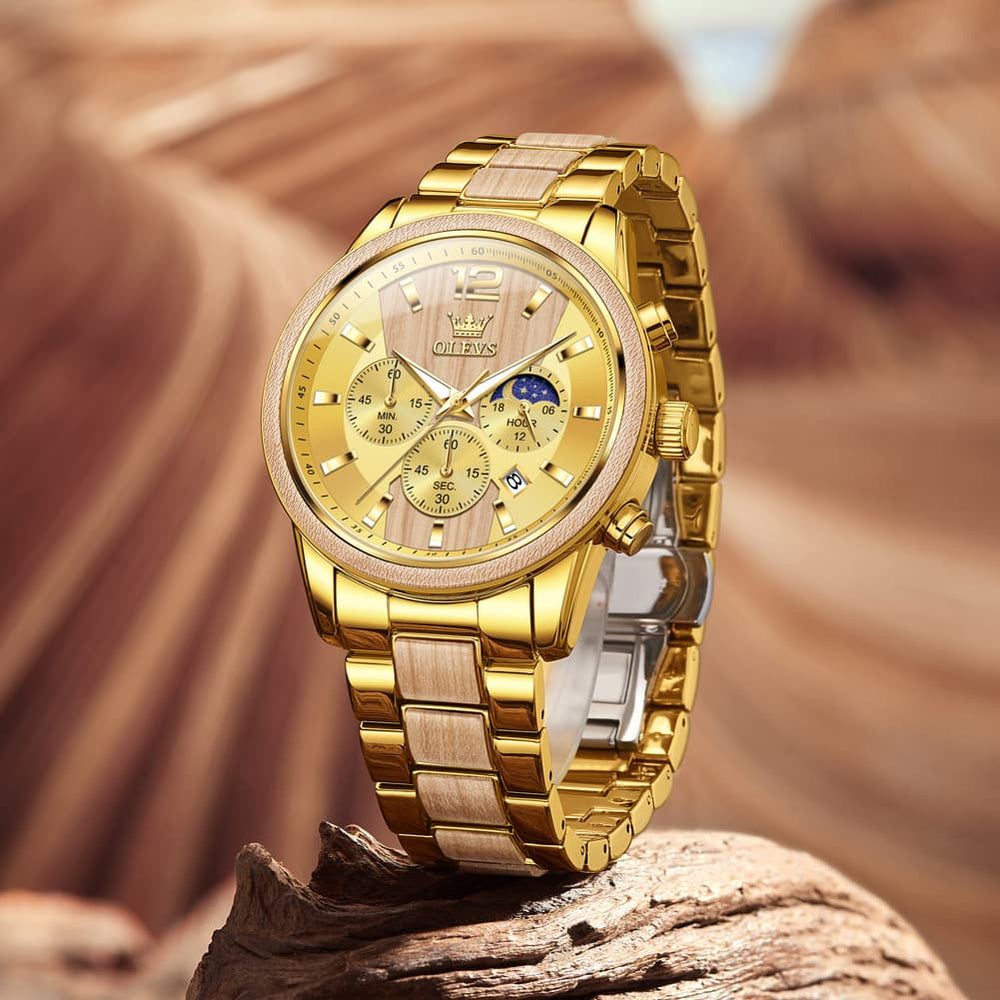 OLEVS 3645 Solid Wood & Steel Chronograph Quartz Watch for Men - Zebra Wood Watch | Olevs Watch Store