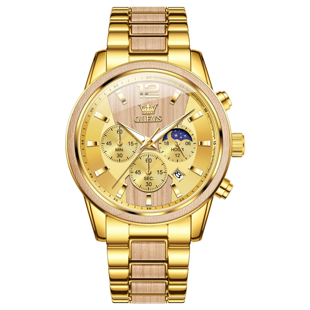 OLEVS 3645 Solid Wood & Steel Chronograph Quartz Watch for Men - Zebra Wood Watch | Olevs Watch Store