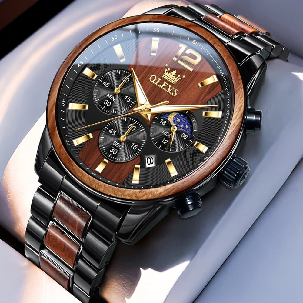 OLEVS 3645 Solid Wood & Steel Chronograph Quartz Watch for Men - Zebra Wood Watch | Olevs Watch Store