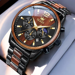 OLEVS 3645 Solid Wood & Steel Chronograph Quartz Watch for Men - Zebra Wood Watch | Olevs Watch Store